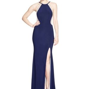 Navy blue halter neck sequence prom dress